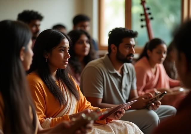 Students learning Hindi idioms through classical music
