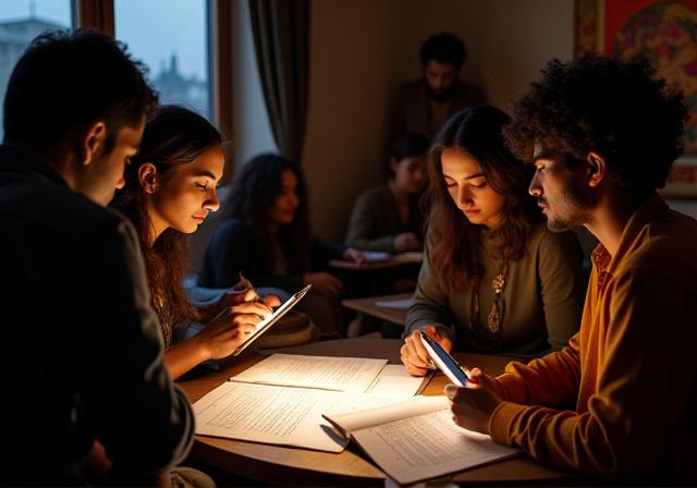 Professional musicians studying Hindi lyrics and composition